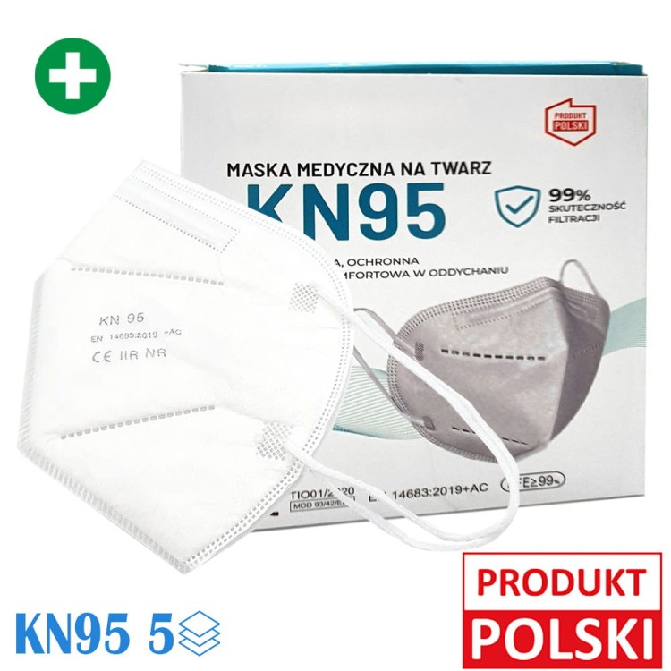 Maski KN95 MEDYCZNE, 5-warstwowe, BFE 99,9%, Badania w CIOP