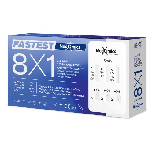 Test Medomics 8w1 do samokontroli – SARS-CoV-2, grypa A/B, RSV, ADV, PIV, HRV, MP