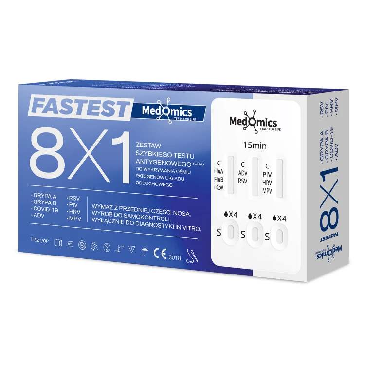 Test Medomics 8w1 do samokontroli – SARS-CoV-2, grypa A/B, RSV, ADV, PIV, HRV, MP