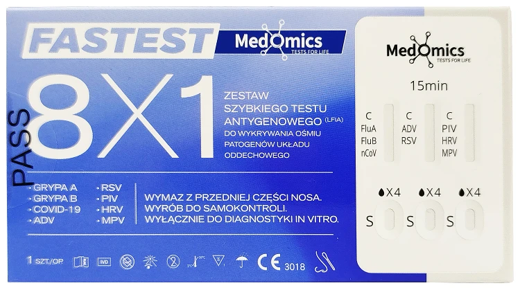Test Medomics 8w1 do samokontroli – SARS-CoV-2, grypa A/B, RSV, ADV, PIV, HRV, MP