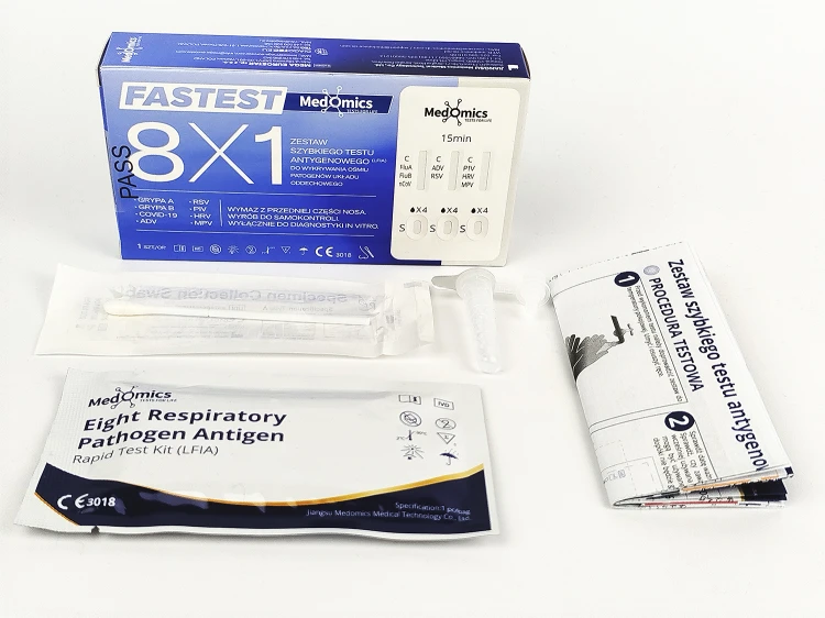 Test Medomics 8w1 do samokontroli – SARS-CoV-2, grypa A/B, RSV, ADV, PIV, HRV, MP