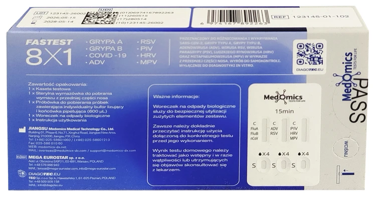Test Medomics 8w1 do samokontroli – SARS-CoV-2, grypa A/B, RSV, ADV, PIV, HRV, MP