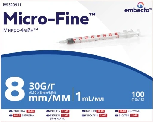 Strzykawki insulinowe zespolone z igłą Embecta (dawniej Becton Dickinson) Micro-Fine Plus 1 ml U40 - 100 szt