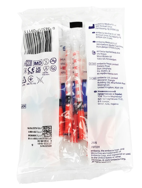 Strzykawki insulinowe zespolone z igłą Embecta (dawniej Becton Dickinson) Micro-Fine Plus 1 ml U40 - 100 szt - saszetka