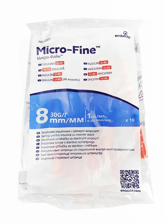Strzykawki insulinowe zespolone z igłą Embecta (dawniej Becton Dickinson) Micro-Fine Plus 1 ml U40 - 100 szt - saszetka