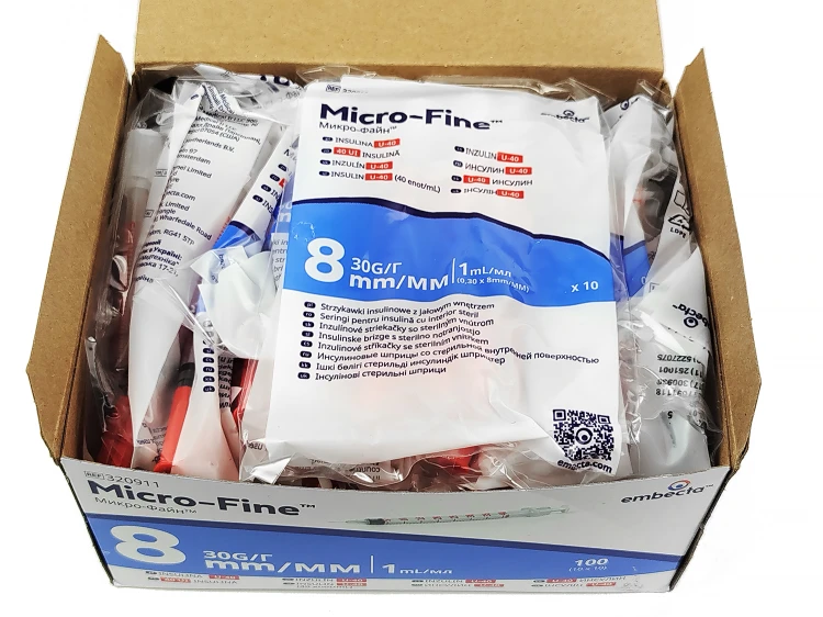 Strzykawki insulinowe zespolone z igłą Embecta (dawniej Becton Dickinson) Micro-Fine Plus 1 ml U40 - 100 szt - otwarte pudełko