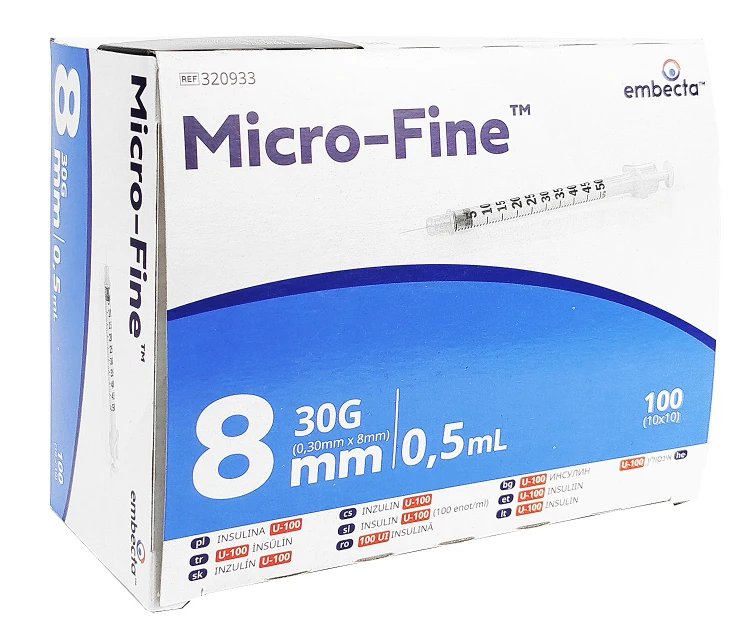 Strzykawki insulinowe zespolone z igłą Embecta ( dawniej Becton Dickinson) Micro-Fine Plus 0.5 ml U100 - 100 szt
