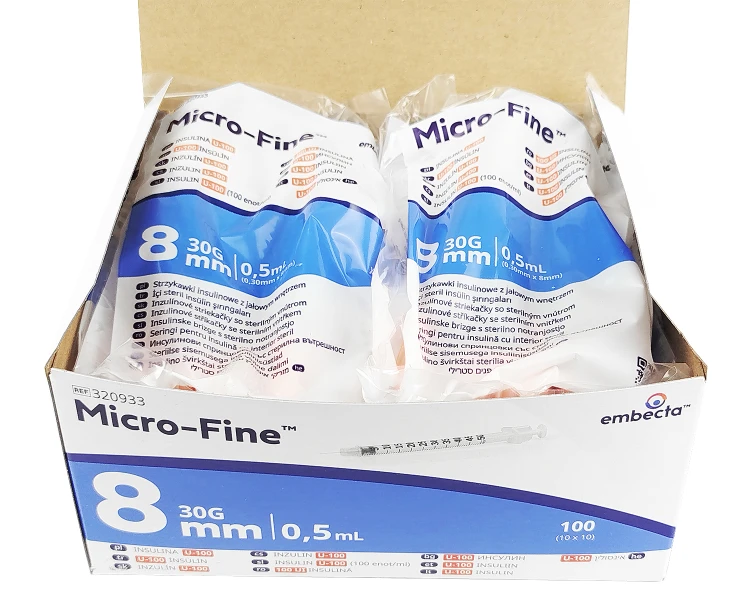 Strzykawki insulinowe zespolone z igłą Embecta ( dawniej Becton Dickinson) Micro-Fine Plus 0.5 ml U100 - 100 szt