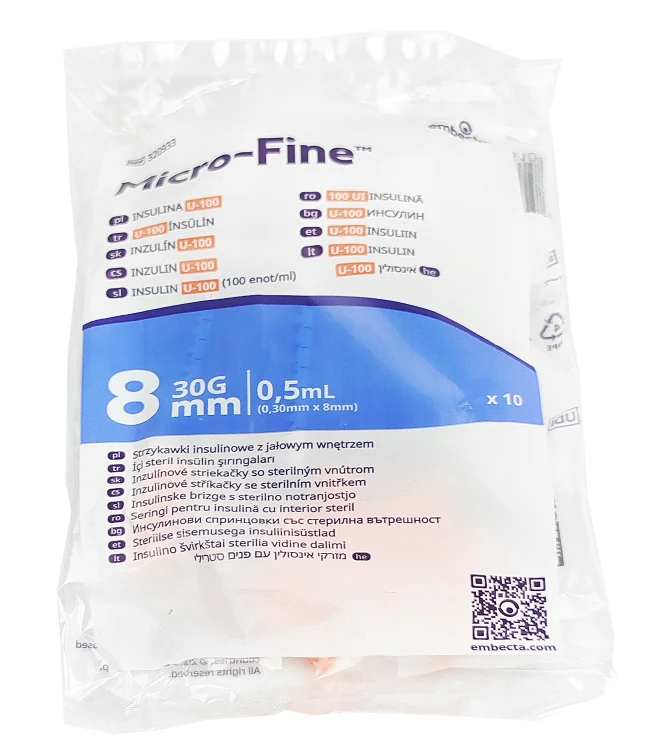 Strzykawki insulinowe zespolone z igłą Embecta ( dawniej Becton Dickinson) Micro-Fine Plus 0.5 ml U100 - 100 szt