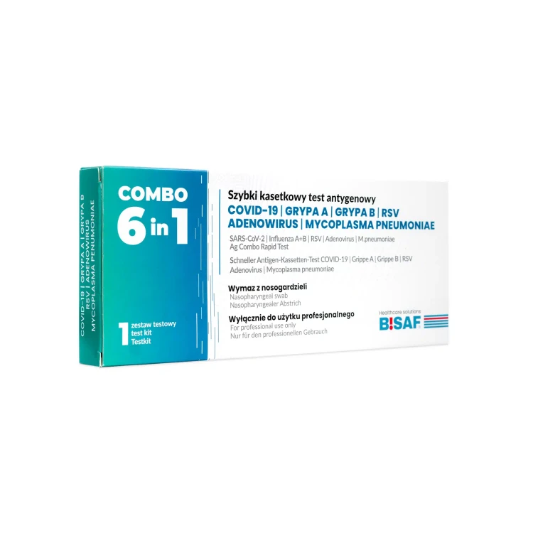 Test Combo 6w1 Bisaf Profesjonalny Covid-19, Grypa A i B, RSV , Adenowirus + Strep A - 1 szt