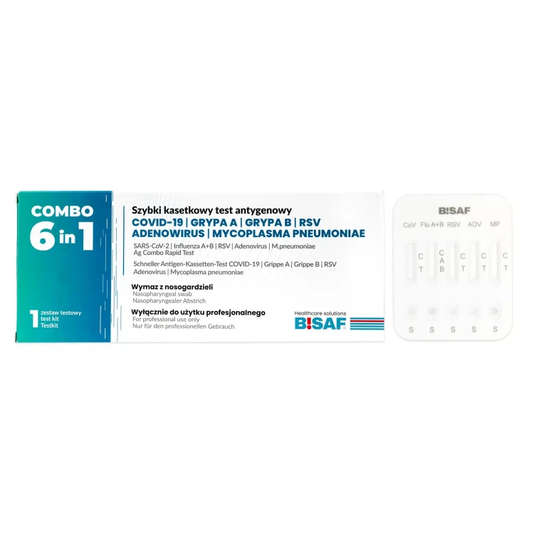 Test Combo 6w1 Bisaf Profesjonalny Covid-19, Grypa A i B, RSV , Adenowirus + Strep A - 1 szt