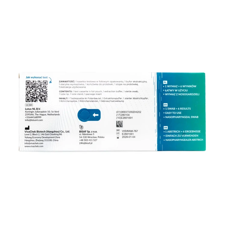 Test Combo 6w1 Bisaf Profesjonalny Covid-19, Grypa A i B, RSV , Adenowirus + Strep A - 1 szt