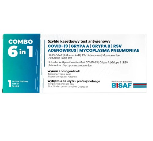 Test Combo 6w1 Bisaf Profesjonalny Covid-19, Grypa A i B, RSV , Adenowirus + Strep A - 1 szt