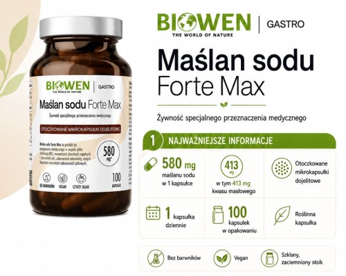 Maślan sodu Forte Max Biowen 580 mg – 100 kapsułek - infografika