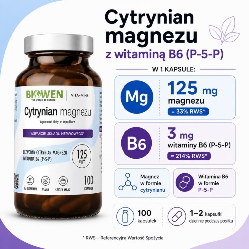 Cytrynian magnezu z witaminą B6 - Biowen - 100 kapsułek - infografika