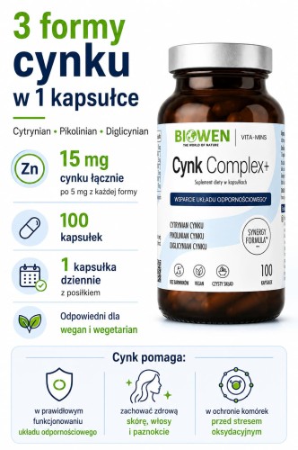 Cynk Complex+ Biowen – 3 formy cynku, 100 kapsułek