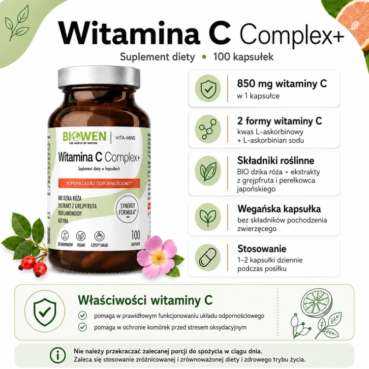 Witamina C Complex+ Biowen 850 mg - 100 kapsułek - infografika
