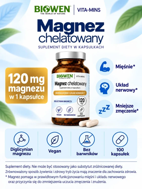 Magnez Chelatowany Biowen 850 mg – Diglicynian 100 kapsułek
