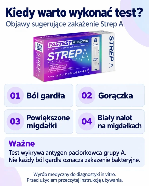 Test Strep A Diagotec na anginę paciorkowcową – antygenowy do samokontroli, 1 szt. - infografika