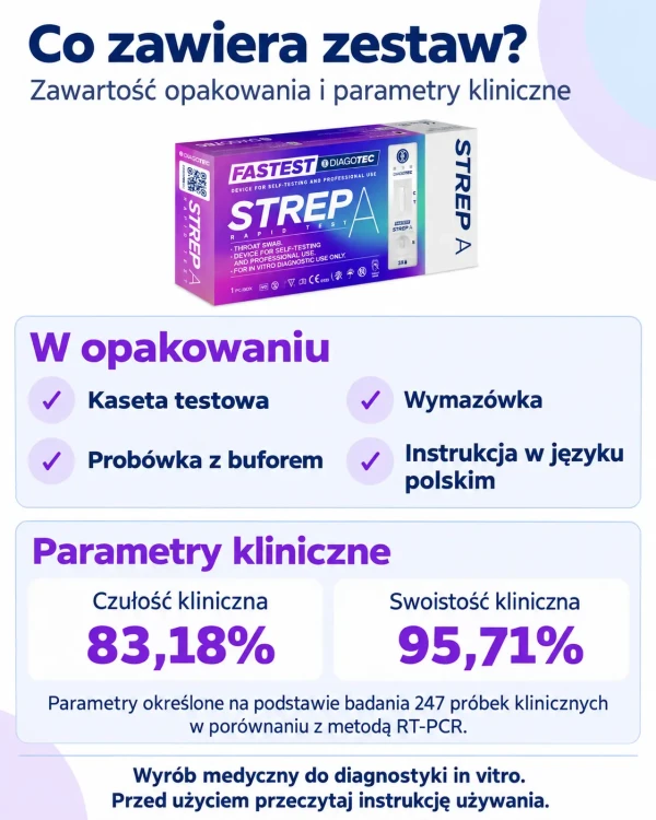 Test Strep A Diagotec na anginę paciorkowcową – antygenowy do samokontroli, 1 szt. - infografika